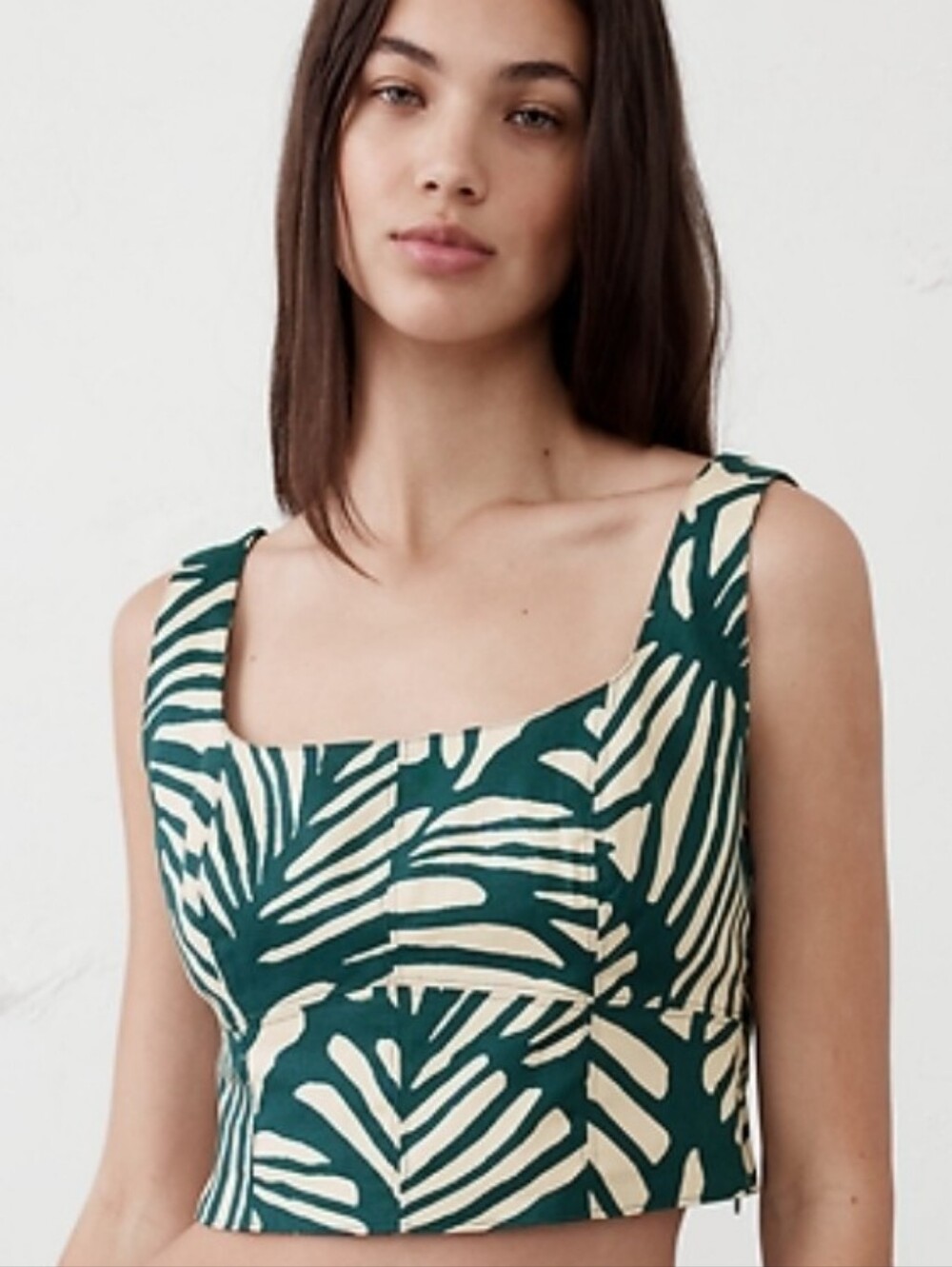 Banana Republic Green and Cream Palm-Print Square-Neck Crop Top